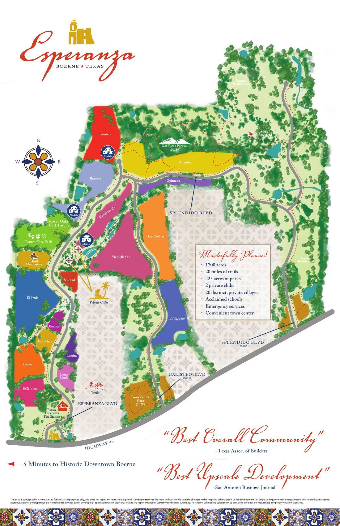 Illustrated map of Esperanza's villages, parks, trails, and roads